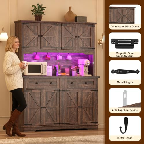 71-Inch Farmhouse Kitchen Pantry Cabinet with Power Outlet and LED Lighting
