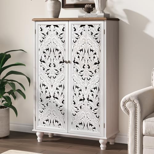JOINICE 47-Inch Distressed White Tall Accent Cabinet with Carved Doors & Storage