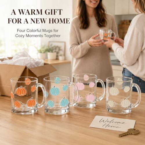 Pumpkin Glass Coffee Mug Set of 4 - 12oz Fall Thanksgiving Decor