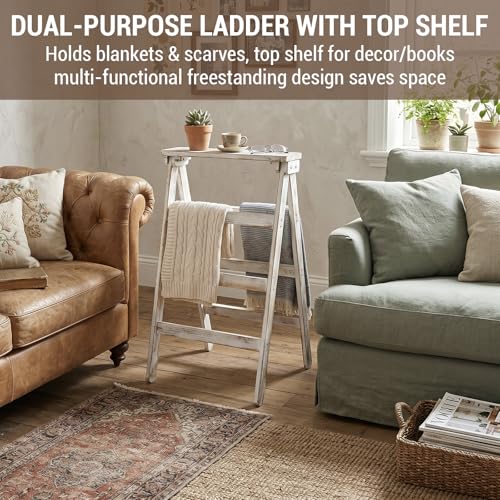 Freestanding A-Frame Blanket Ladder, White Washed Wood Textile Holder
