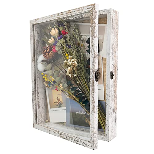 11x14 Wood Shadow Box Display Case with Linen Back and Pins, Rustic White