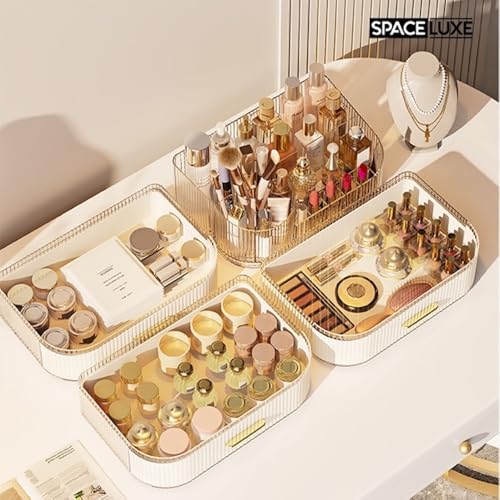 SpaceLuxe Cream White 3-Layer Rotating Makeup Organizer with Drawers