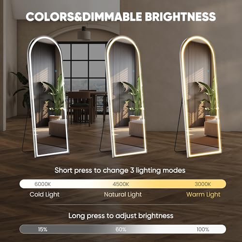 Arched LED Full Length Mirror 20"x63" - Dimmable Lighted Floor Mirror