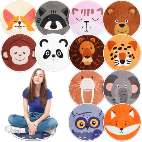 12-Piece Animal Print Round Classroom Rugs, 15-Inch Non-Slip Floor Cushions