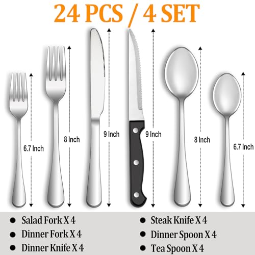 24-Piece Stainless Steel Flatware Set with Steak Knives - Service for 4