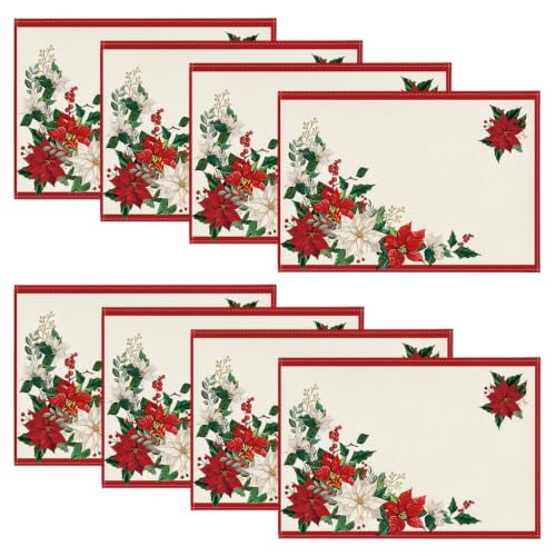 Artoid Mode 12x18 Inch Christmas Placemat Set of 8 Beige & Red Leaves Poinsettia Seasonal Table Decor