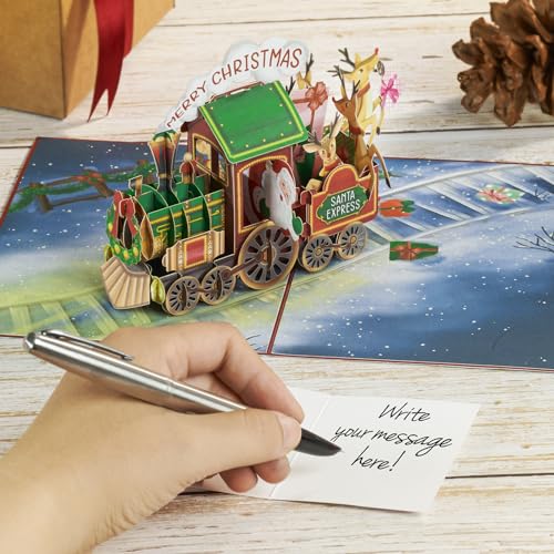 POPWOW Christmas Train Pop Up Card - Santa Reindeer 3D Xmas Greeting Card with Envelope & Note - 5x7