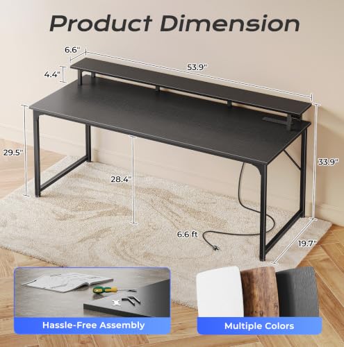 55-Inch Gaming Desk with LED Lights, Power Outlets and Monitor Stand