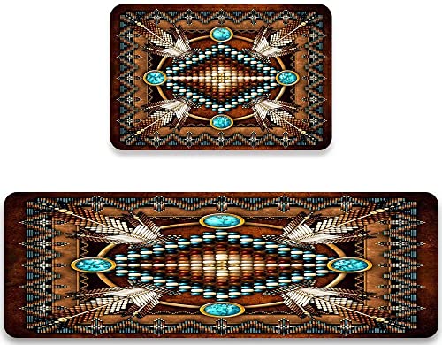 Southwestern Kitchen Rug Set of 2, Tribal Aztec Washable Anti-Fatigue Mats