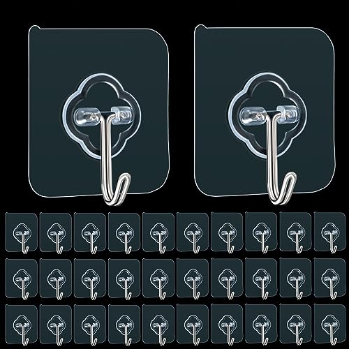 32 Pack Heavy Duty Adhesive Hooks, Transparent Reusable Wall Hooks