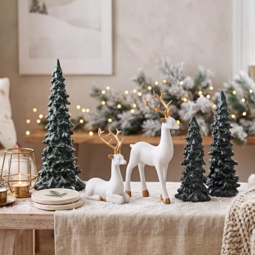 Pinkunn 5 Pcs White & Green Christmas Reindeer & Tree Decor Set for Holiday Tabletop