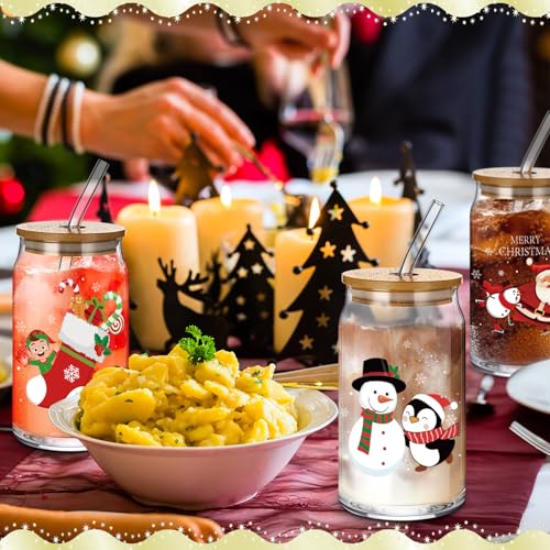 Christmas Glass Cups Set - 12 Pcs 16 oz Tumbler with Santa Gift & Accessories