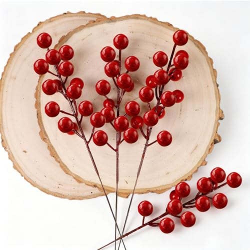 Fangoo 32 Pack 9" Artificial Burgundy Red Berry Picks for Christmas Tree - Red