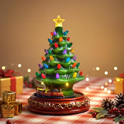Lighted Ceramic Christmas Tree with Rotating Train & Music - 10.5 Inch
