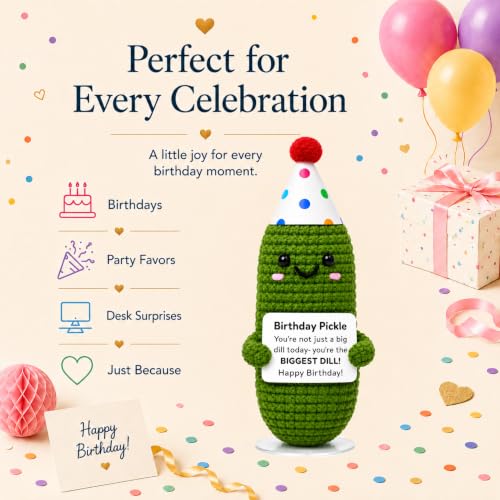 Handmade Crochet Birthday Pickle Plush with Gift Box and Display Stand