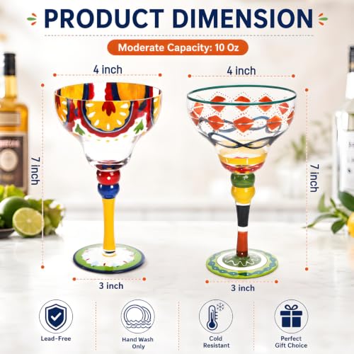 ZAVOOS Set of 2 Medium 10 Oz Margarita Glasses - Hand-Blown, Elegant Mexican Design