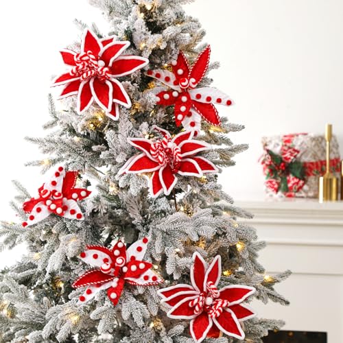 Christmas Candy Cane Poinsettia Flower Tree Picks Set - Red and White, 10.6 Inches - Variation of Candy Cane