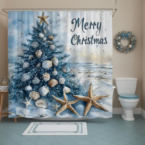 FAXTOZ Christmas Shower Curtain 70x70 Inches Coastal Watercolor Tree Shells Starfish