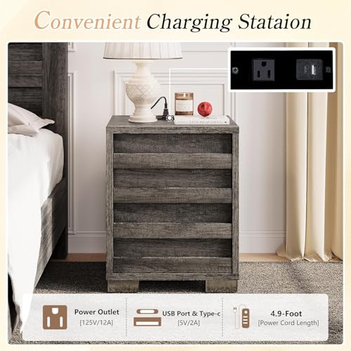 3-Piece Farmhouse Full Bed Frame Set with Charging Nightstands, Rustic Grey
