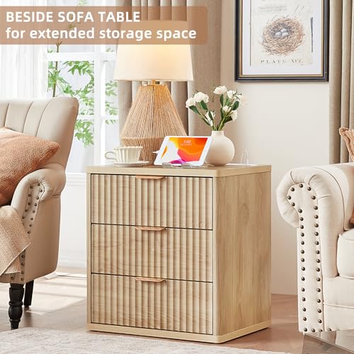 Fluted Farmhouse 3-Drawer Nightstand Set with Charging Station