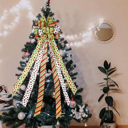 Large Green & Red Dot Christmas Tree Topper Bow, Wired Ribbon (45" x 13")