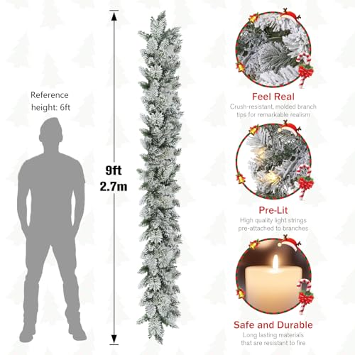 Snow Flocked 9ft Battery-Operated Pre-Lit Christmas Garland with Warm LEDs