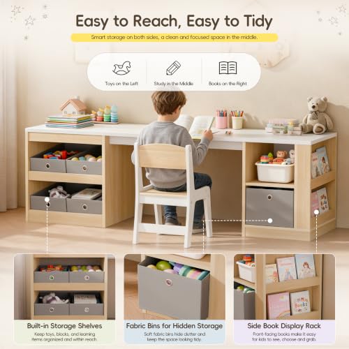 Kids Double Study Desk and Chair Set with Storage Shelves and Fabric Bins