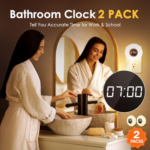 2 Pack Bathroom Clock with Remote, Dimmable LED Night Light & Shower Timer