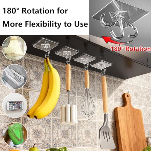 Large Adhesive Hooks 10-Pack - Transparent Wall Hangers for Christmas/Wreaths/Halloween, 33 lb Load, Traceless Hook for Keys & Towel