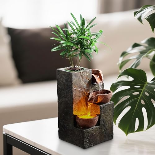 3-Tier Tabletop Indoor Waterfall Fountain with LED Light & DIY Planter