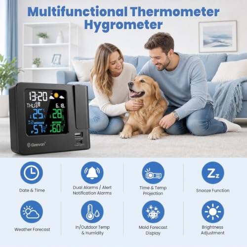 Projection Alarm Clock with Weather Station, Indoor & Outdoor Temperature