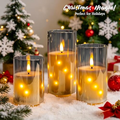 Rechargeable Glass Flameless Candles with Remote & Timer, 3D Wick, Grey-Embedded Fairy Lights, Real Wax 3-Pack