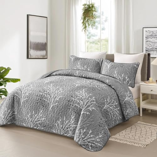 DJY Queen Botanical Quilt Set - 3-Piece Grey Microfiber Coverlet Bedspread