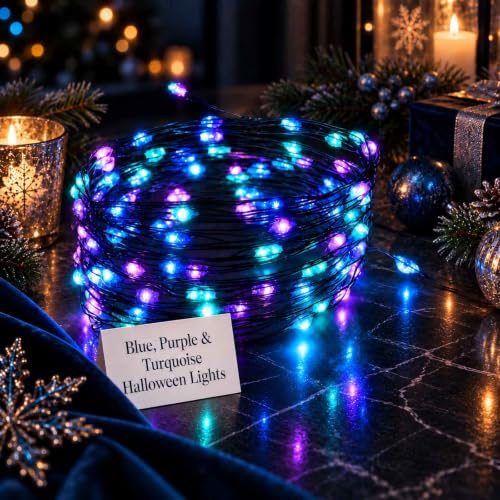 QBIS USB Micro LED String Lights 100 Blue, Purple & Turquoise - Black Wire, Remote Control