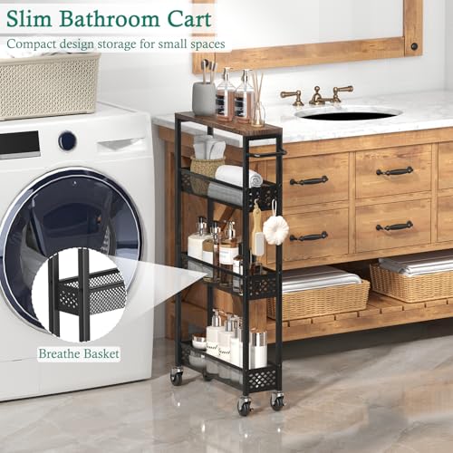 4-Tier Slim Rolling Storage Cart - 5" Narrow Utility Organizer with Wood Top