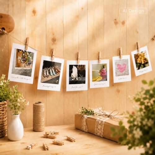 100Pcs 1.4-Inch Mini Wooden Clothespins with 328ft Jute Twine for Photo Display