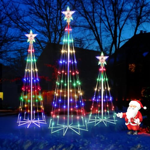 PINPON 3 Pack 3FT 4FT 5FT Outdoor Multicolor Cone Christmas Tree Lights with 8 Modes