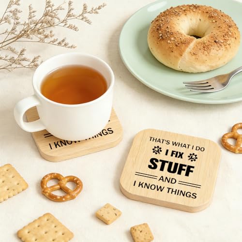 Men's I Fix Stuff and I Know Things Wood Coaster - Funny Desk Accessories Gift for Dad, Grandpa, Husband, Men, Variations Include THIS listing