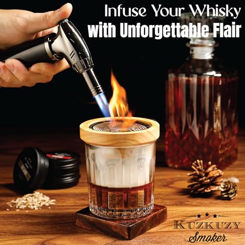 KUZKUZY Cocktail Smoker Kit with Torch & 6 Flavors Wood Chips - Bourbon Whiskey Infuser, Old Fashioned Drink Gift for Men, Dad, Husband (Without Butane)