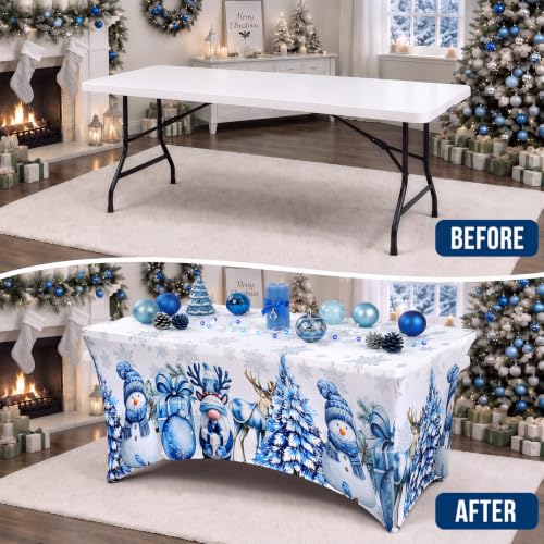 Moukeren 2-Pack Christmas Spandex Tablecloth 6ft Rectangular Blue Snowman (Blue Snowman / Blue White)