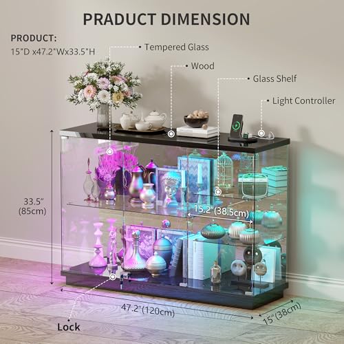 Glass Display Cabinet with RGB Lighting, Human Sensor & Lock, Black