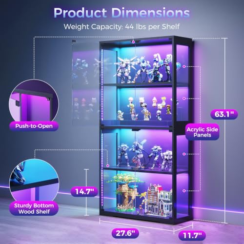 4-Tier Glass Display Cabinet with RGB LED Lighting and Push-to-Open Doors