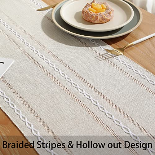 Ivory Rustic Boho Table Runner 13x108 in, Handmade Braided Ivory Tassels, Farmhouse