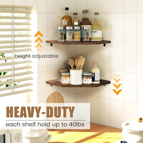 Rustic Wood Corner Floating Shelves - Wall Mount Storage Set of 2
