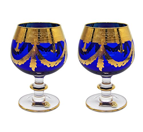 Blue Cognac Snifters Set of 2 - 10 Oz Hand-Decorated Glassware with Gold Trim, Italian Made