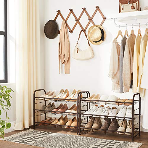 SONGMICS Shoe Rack, 3 Tier Shoe Organizer for Closet, Holds up to 12 Pairs of Shoes, Shoe Rack for Front Door Entrance, Metal Shoe Shelf with Adjustable Tilt Angle, for Entryway, Garage, Bronze