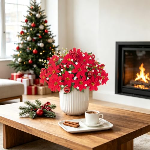 8 Pack 15.7in Red & White Poinsettia Artificial Christmas Flowers for Outdoors
