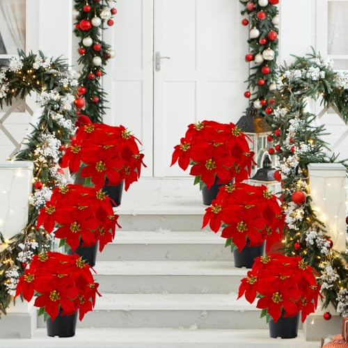 1PC Red Poinsettias Artificial Christmas Flowers, 9 Heads, 14 Inch Faux Plant for Holiday Decor