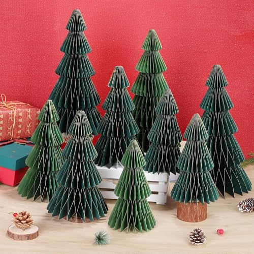 Aneco Green 9 Pcs Honeycomb Christmas Trees Set with Glitter Edges - Medium Size Holiday Decor