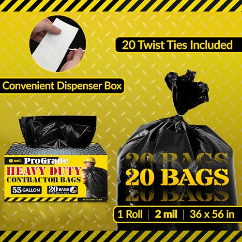 Heavy Duty 55 Gallon Contractor Trash Bags - 2 Mil Thick, Black (20 Count)